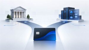 A payment card at a fork between an issuing bank and a processor technology platform
